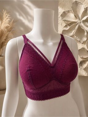 2/$28 Parfait Adriana Lace Bralette 32G Plum Wireless Full Figure Bra